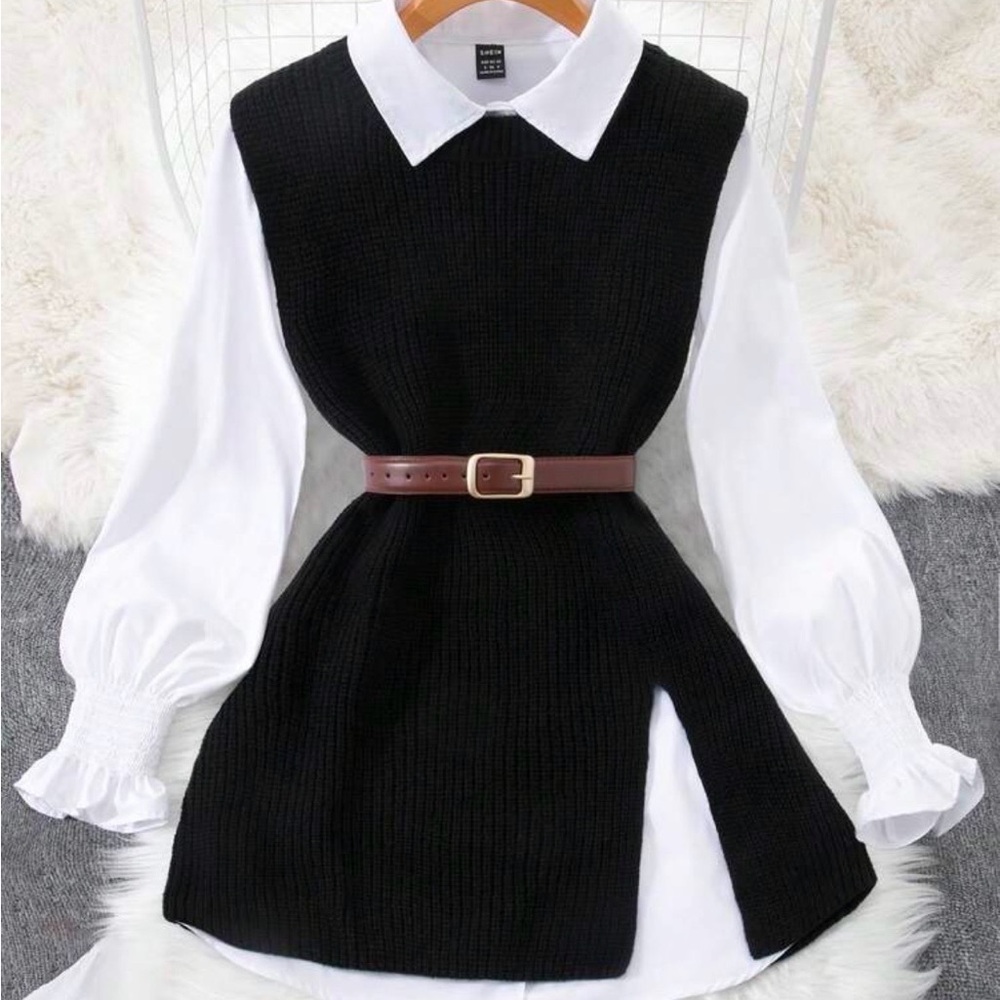 SHEIN Black Knit Vest with White Blouse
